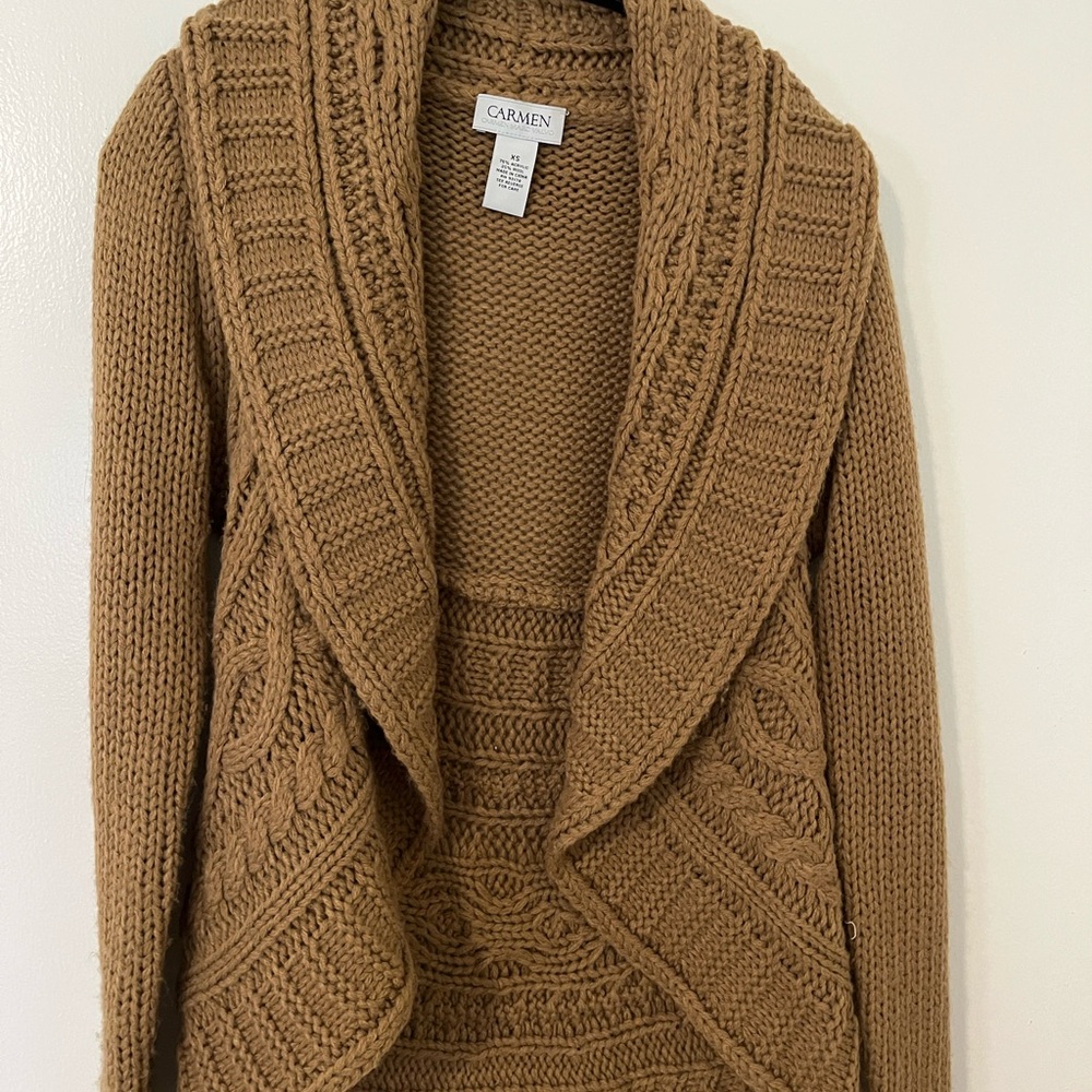 Carmen Marc Valvo Brown Cable Knit Cardigan